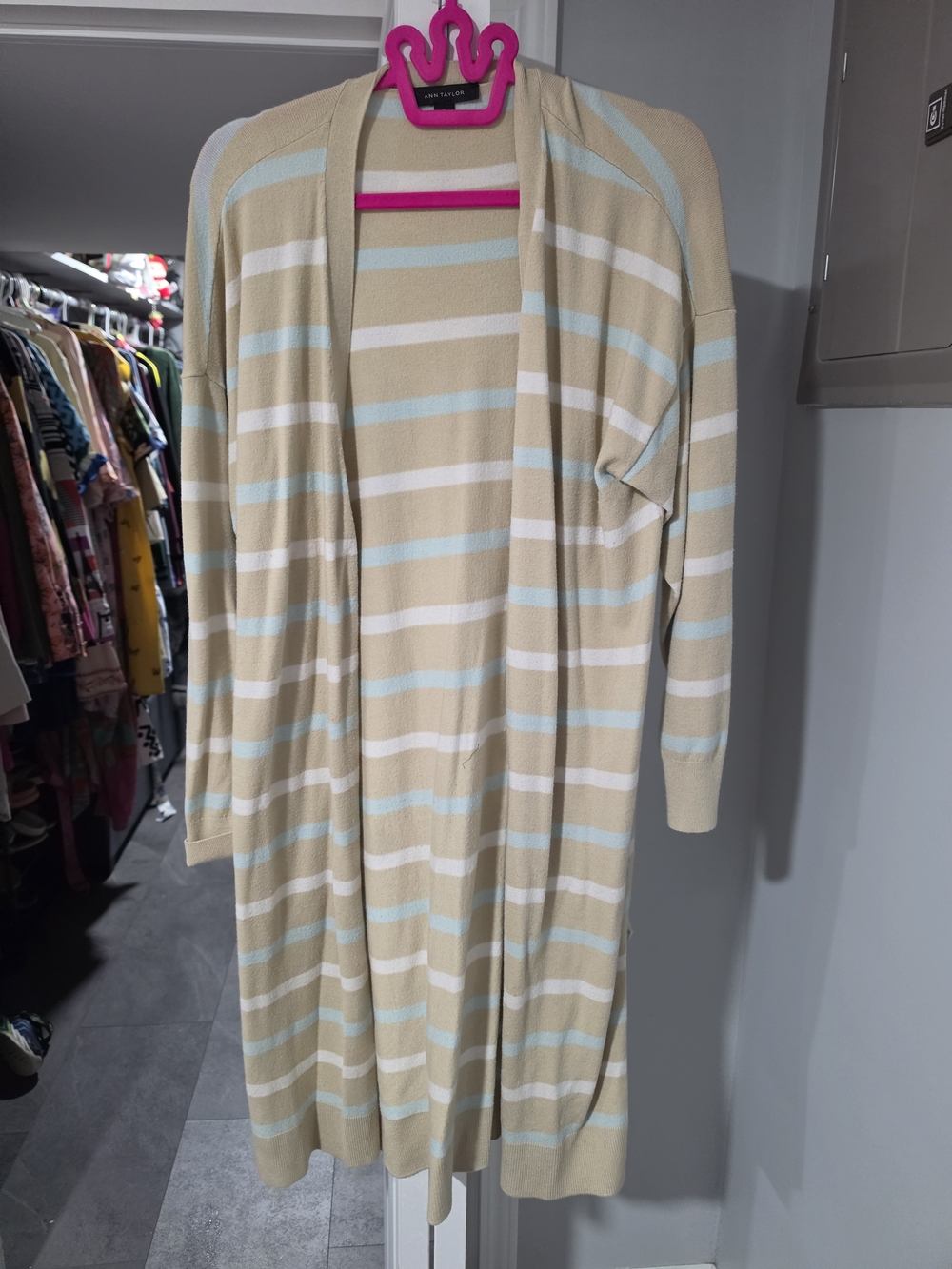 Ann Taylor Long Open-Front Striped Cardigan - Beige, White & Light Blue